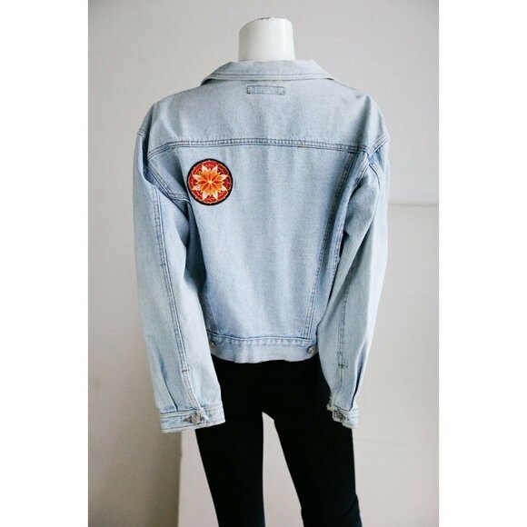 Vintage Oakoa Blue Patchwork Colourful Light Wash Denim Cropped Jacket - Picture 6 of 8